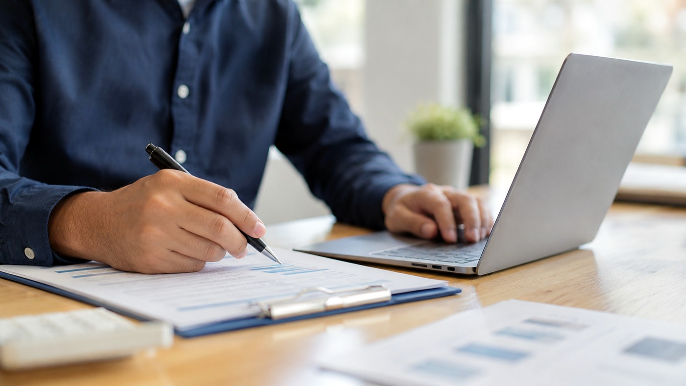 Filling out title paperwork at a desk